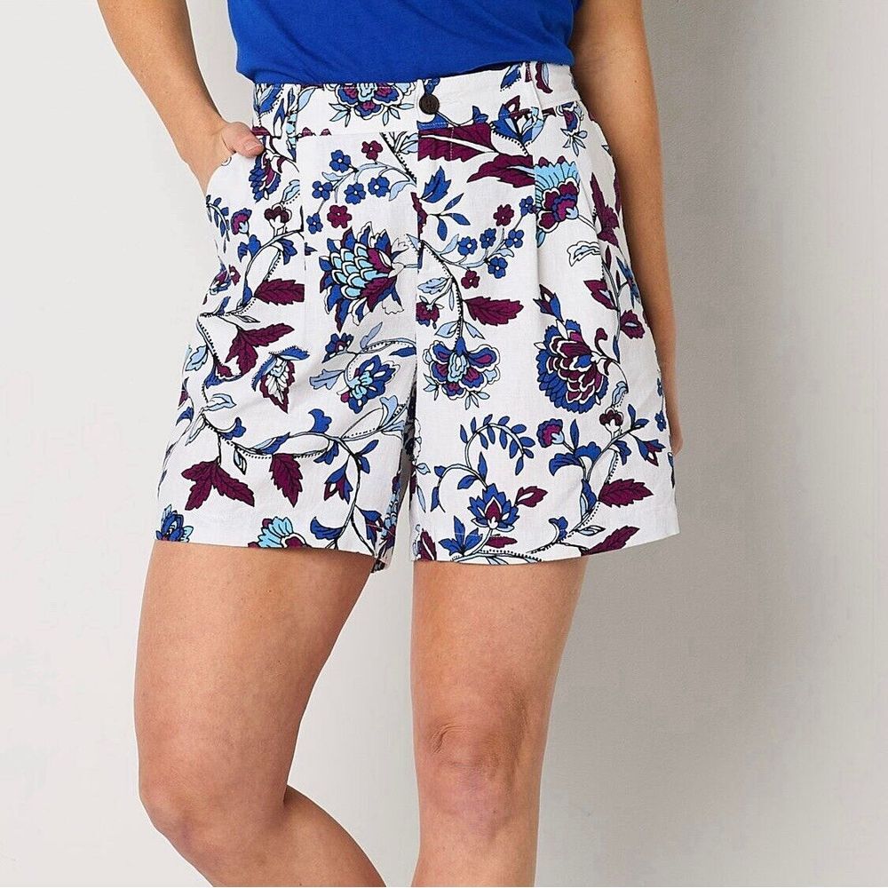 Liz Claiborne Women's Mid Rise‎ Pleated Short Elastic Waist Size 18 White Floral